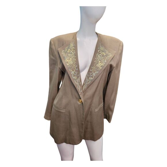 R&K Originals Silk Blazer Womens Size Large Olive Green Gold Embroidered - Picture 2 of 8